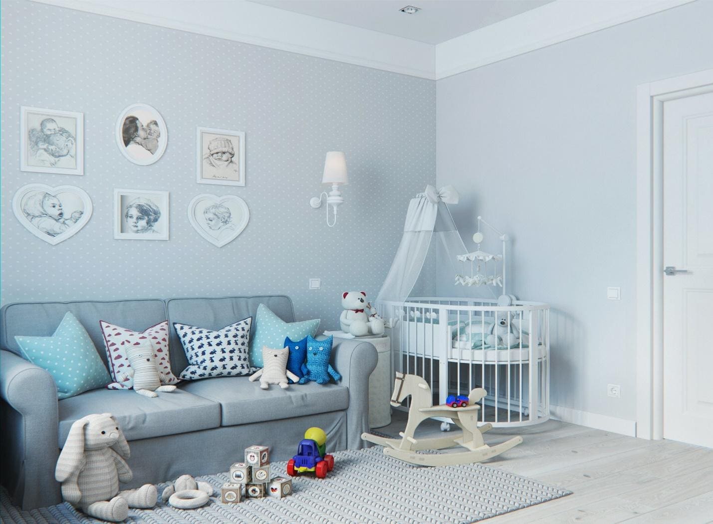 Серо-голубой интерьер детской комнаты
