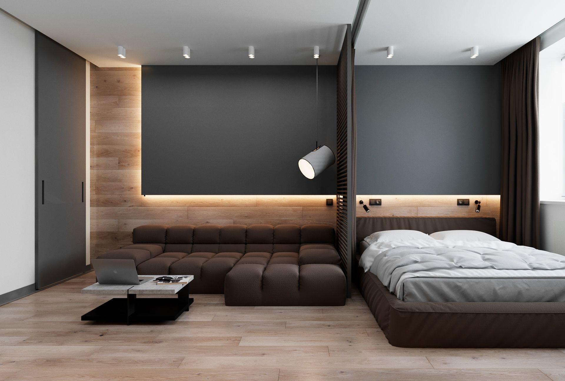Спальня в стиле минимализм с древесной кладкой